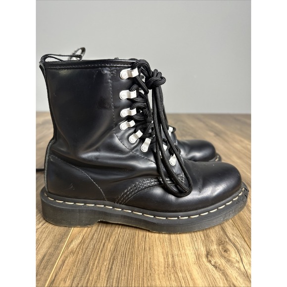 Doc Martens Shoes - Doc‎ Martens Women's Black Leather Boots Size 6M With White Lace Hooks